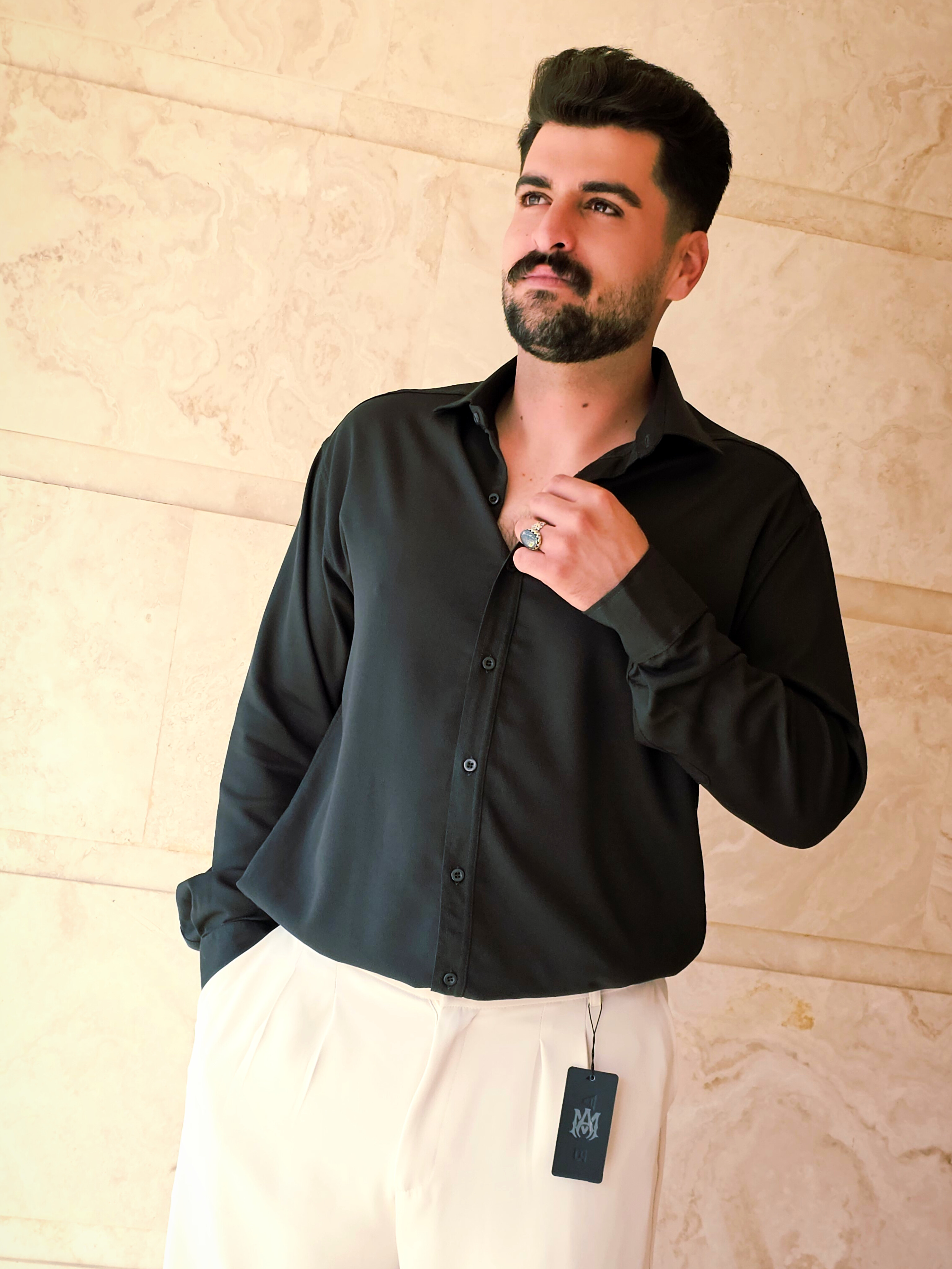 پیراهن مردانه بیسیک آستین بلند پارچه ویسکوز میله ای